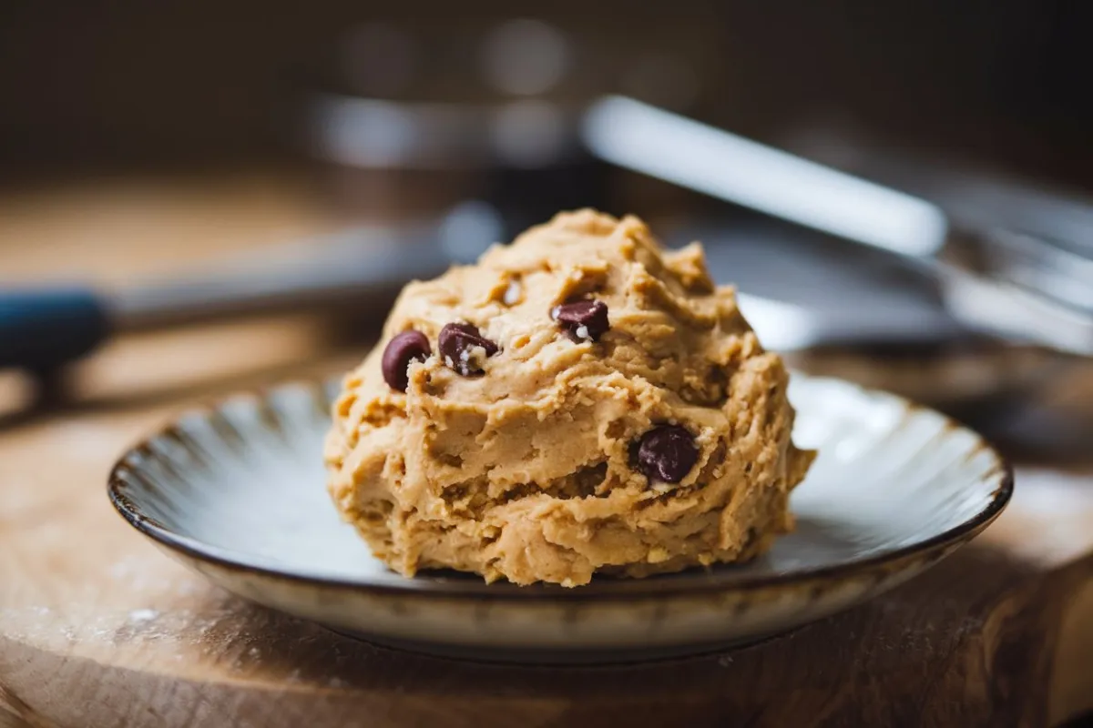 Close-up of raw cookie dough with chocolate chips on a wooden spoon, showcasing the texture and ingredients of homemade cookie dough